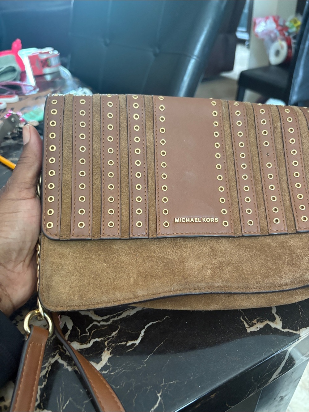 Michael Kors Brown Suede and Leather Studded Crossbody